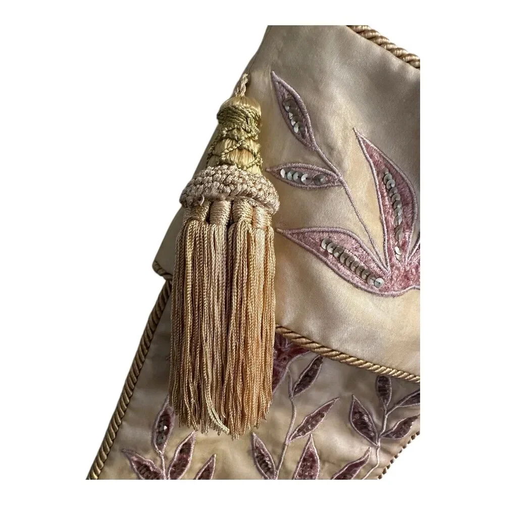 NWT Neiman Marcus Gold Silk Beaded Floral Christmas Stocking With Tassel